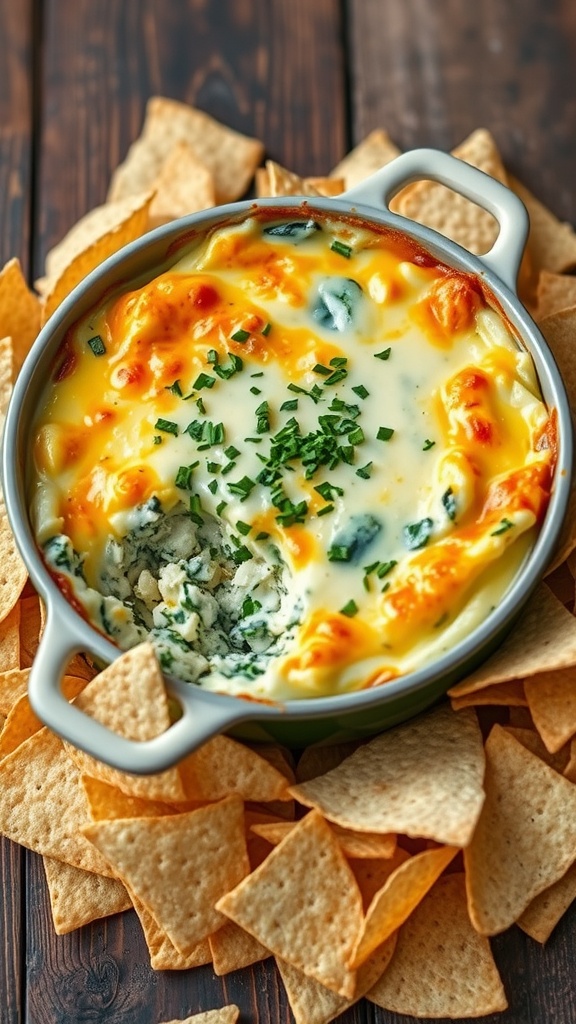 Baked spinach artichoke dip with cheese, served with tortilla chips on a wooden table.